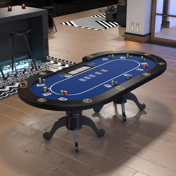 English Elm 96" Oval Poker Table Seats 10 with Waterproof Felt Padded Rail and Dealer Station Blue W2748S00055