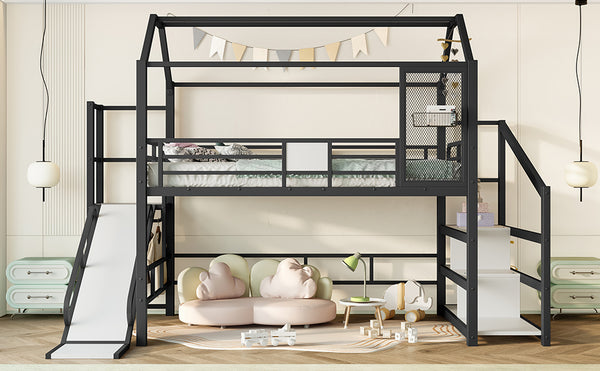 English Elm Full Full House Loft bed with Slide and Stairs, Metal House Play Loft with Storage Shelves and Quiet Design Black W1580S00350