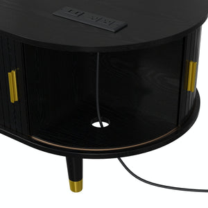 English Elm Wooden Fluted Farmhouse TV Stand & Coffee Table Set with Charging Station, Mid-Century Oval Design Black N721S000049B