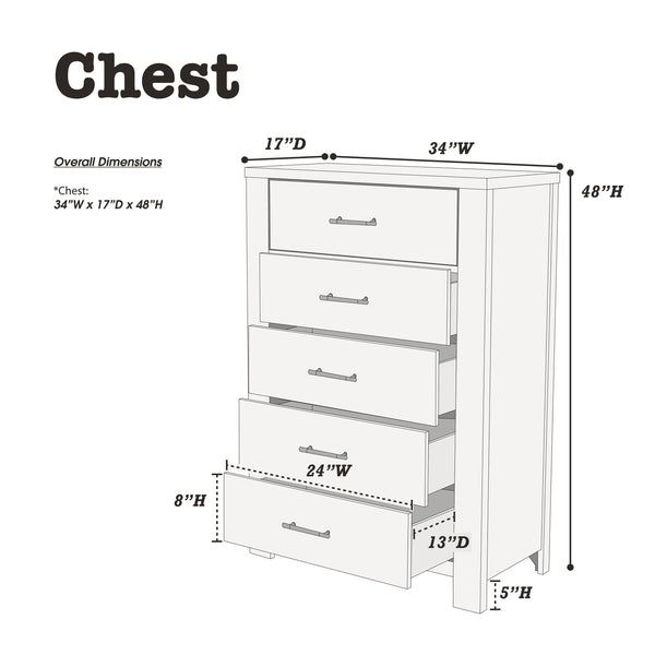 English Elm Oak 5-Drawer Chest of Drawers 34"x17"x49"H – Oak Veneer Bedroom Storage, Contemporary Wood Finish B011P244398
