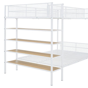 English Elm Twin Twin Over Full Metal Bunk Bed with 5-Tier Staircase Shelves, Space-Saving Storage & Wood Accents White SF000175AAK