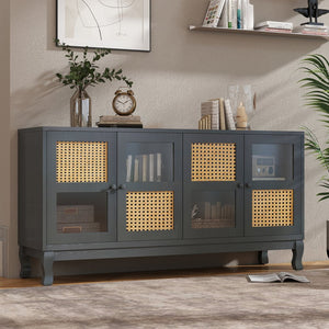 English Elm Retro 4-Door Sideboard with Spacious Adjustable Shelves, Solid Wood Legs, Spray-Painted MDF Finish Antique Dark Grey,Rattan W2696P256247
