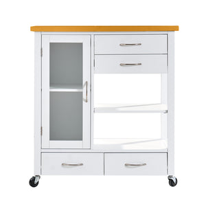 English Elm Kitchen Island Cart Ameican White Oak Top with Glass Door, Drawers, Towel Bar & Locking Wheels, Modern W3417P329701