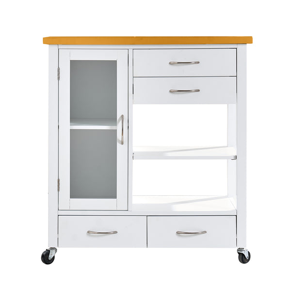 English Elm Kitchen Island Cart Ameican White Oak Top with Glass Door, Drawers, Towel Bar & Locking Wheels, Modern W3417P329701