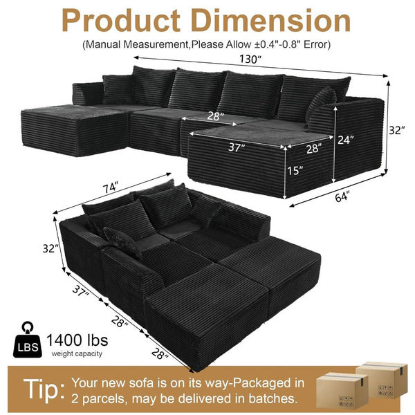 English Elm Modular U-shaped Sectional with Memory Foam Chenille Deep Seat Cloud Lounge Sofa Black W5638S00001