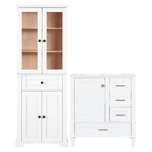 English Elm 67.57" Tall Matte Cabinet Vanity Combo with Glass Doors Soft-close Drawers Sink White N729P000033K