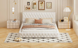 English Elm Queen Size Upholstered Bed With Tufted Headboard, Modern Velvet Platform Bed , No Box Spring Required, White