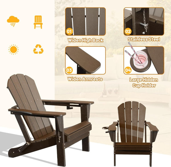 English Elm Adirondack Hdpe Folding Chair Set Outdoor Patio Fire Pit Seating with Cup Holder Brown W1859P453286