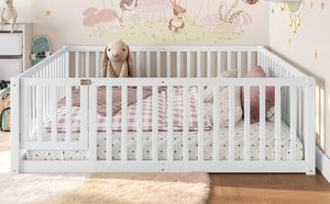 English Elm Twin Floor Bed Pine Wood Frame with Guardrails and Door for Safe Toddler Sleep Light White W1580P417670