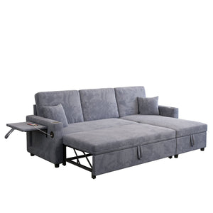 English Elm Sectional Sleeper Sofa Corduroy Cloud Couch with Storage Chaise and Usb Charging Ports Gray W1825S00075