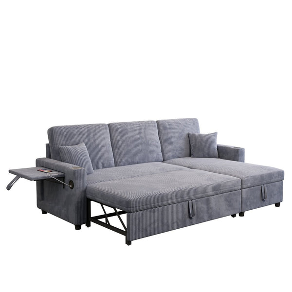 English Elm Sectional Sleeper Sofa Corduroy Cloud Couch with Storage Chaise and Usb Charging Ports Gray W1825S00075