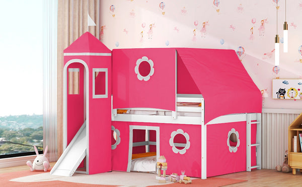 English Elm Full Size Kids Castle Loft Bed with Slide Tent Tower Pinewood Play Zone LT000772AAH-2