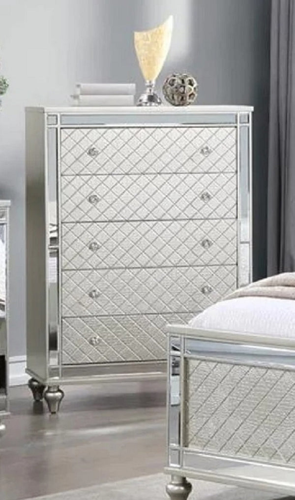 English Elm 1pc Glam 5-Drawer Bedroom Chest with Mirrored Accents Crosshatch Drawer Fronts Champagne Finish Silver 39.5 L x 21.75 W x 52 H B2741P367212