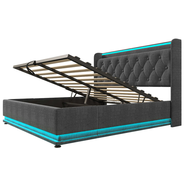 English Elm Queen Upholstered Bed with Surround LED, App/Remote Control, Hydraulic Storage, USB Type-C Charging Gray N736P188807G