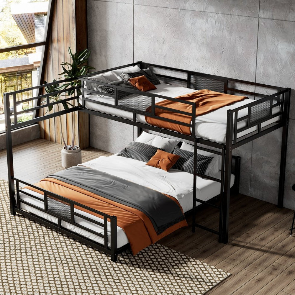 English Elm L-shaped Steel Twin Over Full Bunk Bed Corner Frame with Guardrails for Kids N750P196510B