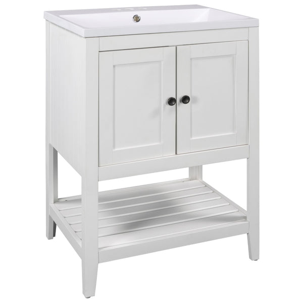 English Elm [video] 24 Inch Freestanding Bathroom Vanity Birch Wood Frame Ceramic Sink Open Shelf JL000004AAK