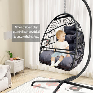 English Elm Swing Egg Chair with Stand - Foldable Wicker Rattan Hanging Basket, Safety Guardrail & Cup Holder Black W2707P184391