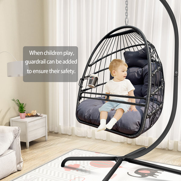 English Elm Swing Egg Chair with Stand - Foldable Wicker Rattan Hanging Basket, Safety Guardrail & Cup Holder Black W2707P184391
