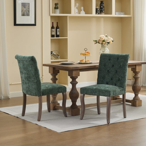 English Elm Upholstered Chenille Tufted Dining Chairs Set of 2 with Curved Wood Legs Club Style Olive Green W1143P457782