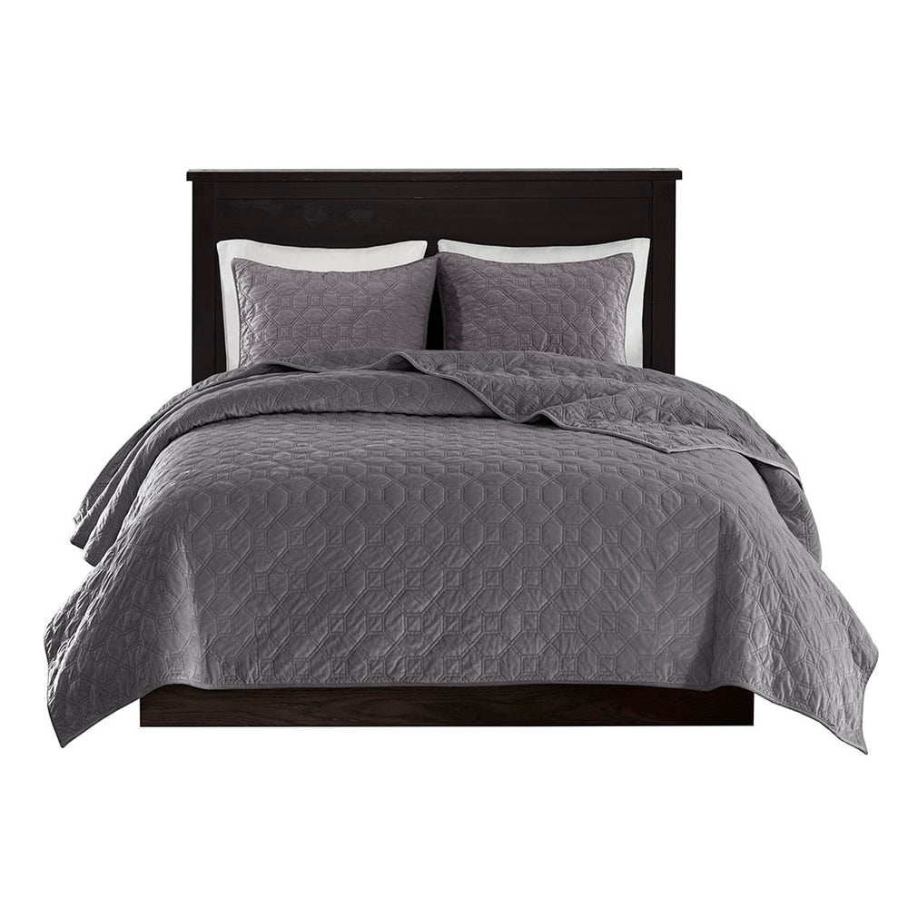 JLA Home Madison Park - 3 Velvet Quilt Set with Plush Polyester, Geometric Quilting, Antimicrobial Finish for Cozy, Easy-Care Beds Grey MP13-3307