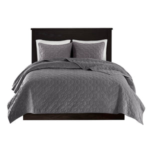 JLA Home Madison Park - 3 Velvet Quilt Set with Plush Polyester, Geometric Quilting, Antimicrobial Finish for Cozy, Easy-Care Beds Grey MP13-3307