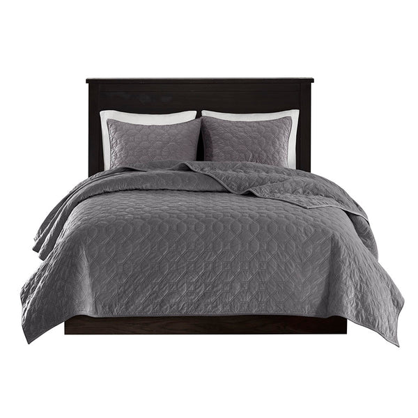 JLA Home Madison Park - 3 Velvet Quilt Set with Plush Polyester, Geometric Quilting, Antimicrobial Finish for Cozy, Easy-Care Beds Grey MP13-3307