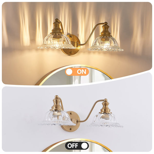 English Elm 20 Inch 2-Light Vintage Bathroom Wall Sconce with Iron and Glass Shades – Elegant Vanity Lighting for Mirror and Hallway Gold W2312P374843