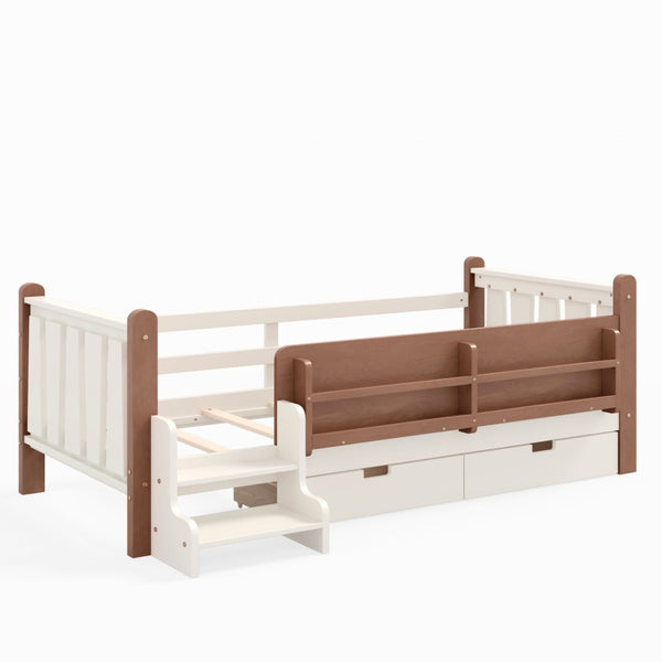 English Elm Twin Pine Floor Bed with Guardrails Built-in Bookcases and Stair Steps for Kids Beige W1580P430199