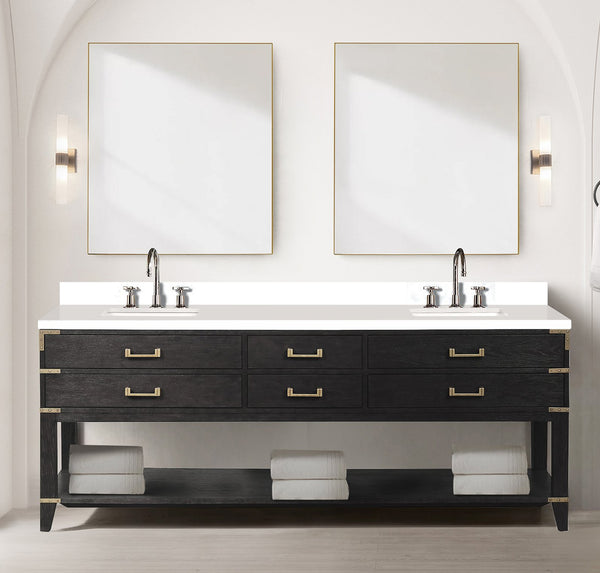 English Elm Black Oak Double Bath Vanity 84" W X 22" D With Cultured Marble Top & Sleek Faucet Set For Luxury Baths B2731P261076