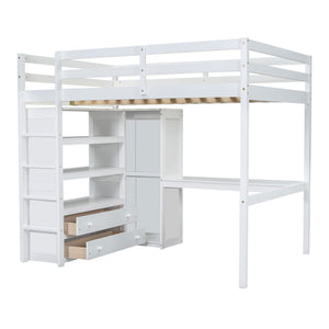 English Elm Wood Full Size Loft Bed with Built-In Desk, Wardrobe, Shelves & Drawers for Space-Saving Rooms White GX000466AAK