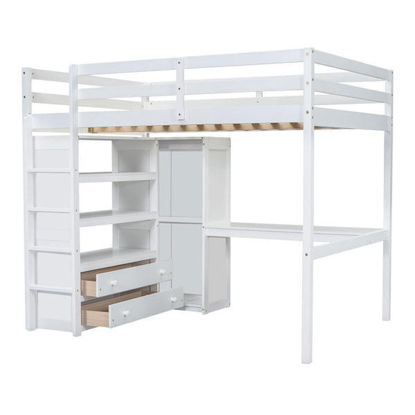 English Elm Wood Full Size Loft Bed with Built-In Desk, Wardrobe, Shelves & Drawers for Space-Saving Rooms White GX000466AAK