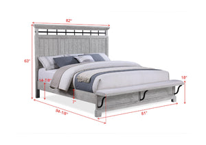 English Elm 1pc Rustic Charm Queen Bed with Soft Greige Finish, Natural Wood Grain Footboard Bench Panel Gray 86.75 L x 43.75 W x 6 H B2741S00190