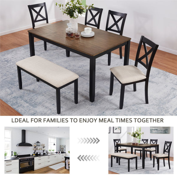 English Elm 6-Piece Timeless Farmhouse Dining Set With Bench, Black & Oak Finish, Comfort For 6 Guests W1998S00083