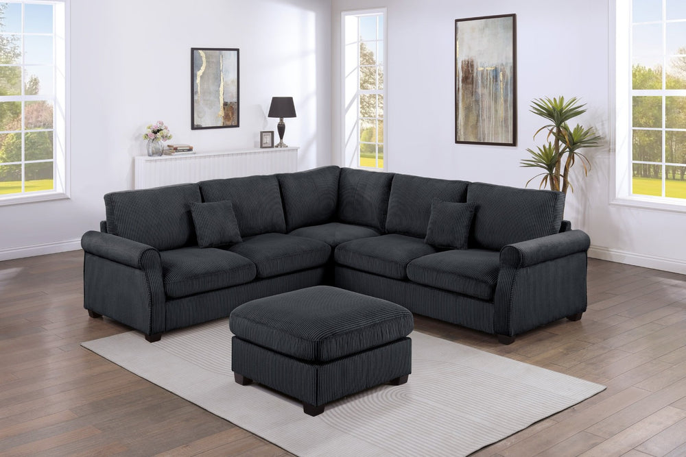 English Elm 4pc Corduroy Sectional Sofa Set with Ottoman Corner Wedge and Low-profile Modern Legs Black B011S02225