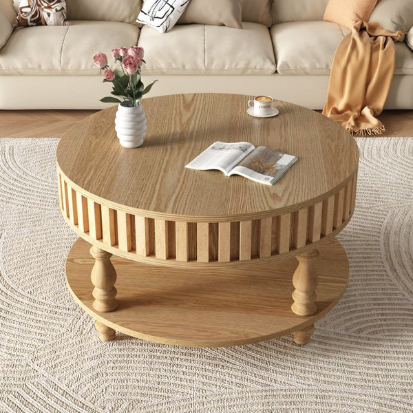 English Elm Farmhouse Fluted Square Coffee Table with Flip Top Hidden Compartment and Open Shelf Natural Wood W1445P370481