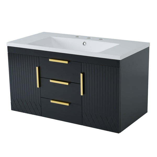 English Elm 72'' Wall Mounted Bathroom Vanity with 4 Drawers & Double Cabinets, Waterproof MDF, Smooth Slide Rails Black N710SS00009B