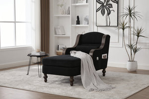 English Elm UNITED Oversized Chaise Lounge Sofa Bed with Solid Wood Arms, High-Resilience Foam, 800lb Capacity and Storage Pockets Black W1568S00208
