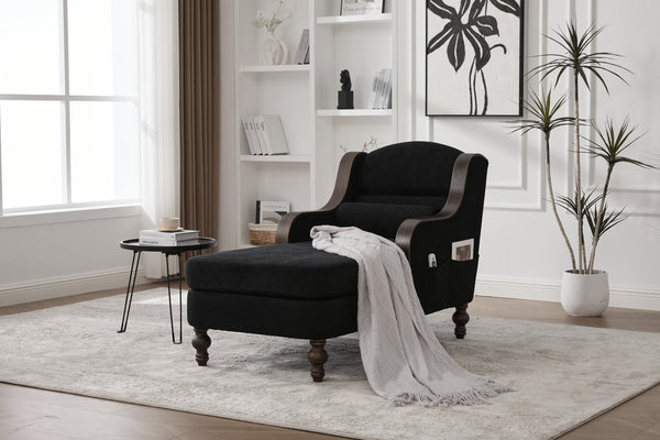 English Elm UNITED Oversized Chaise Lounge Sofa Bed with Solid Wood Arms, High-Resilience Foam, 800lb Capacity and Storage Pockets Black W1568S00208