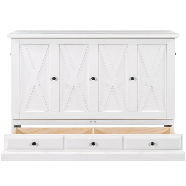 English Elm Farmhouse Pine Wood Murphy Cabinet Bed with Charging Station and Rolling Storage Drawer BS701P170503K
