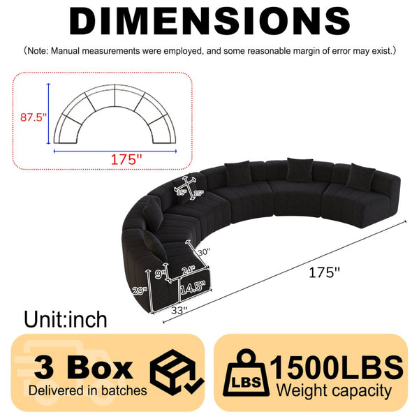 English Elm Chenille Modular Curved Sectional Sofa Sculptural Semi Circle Design for Living Rooms Black W834S00583
