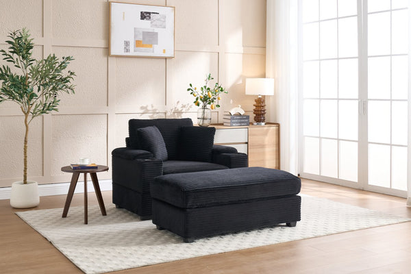 English Elm Corduroy Upholstered Chaise Lounge Sofa with Movable Ottoman, Cup Holder, Deep Seat Comfort Black W2120S00011