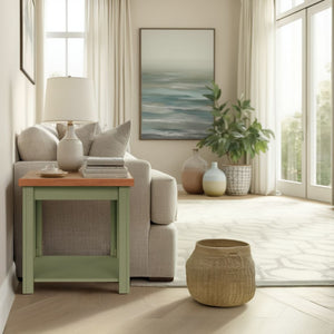 English Elm 24 inch Side Table Sage Green & Fruitwood Two-Tone Farmhouse Accent Table Fully Assembled, Rustic Chic Decor 92 B108P160213