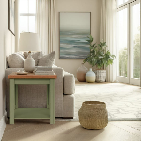 English Elm 24 inch Side Table Sage Green & Fruitwood Two-Tone Farmhouse Accent Table Fully Assembled, Rustic Chic Decor 92 B108P160213