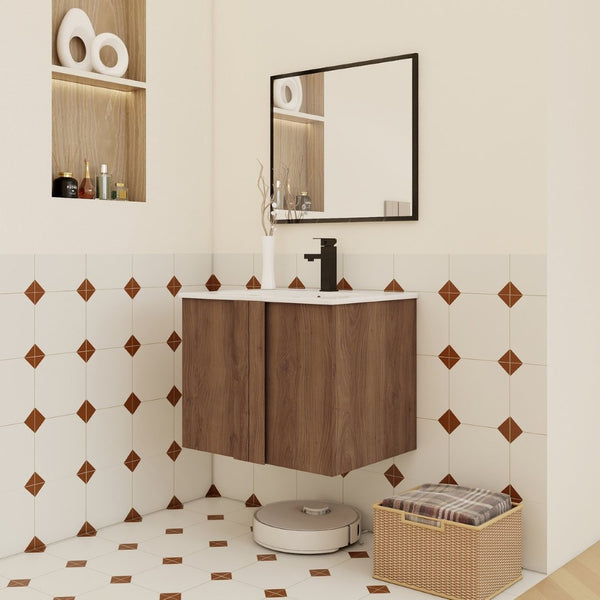 English Elm 24" Wall Mounted Bathroom Vanity Dark Oak Open Shelf Ceramic Sink Soft Close Door W3450P435834