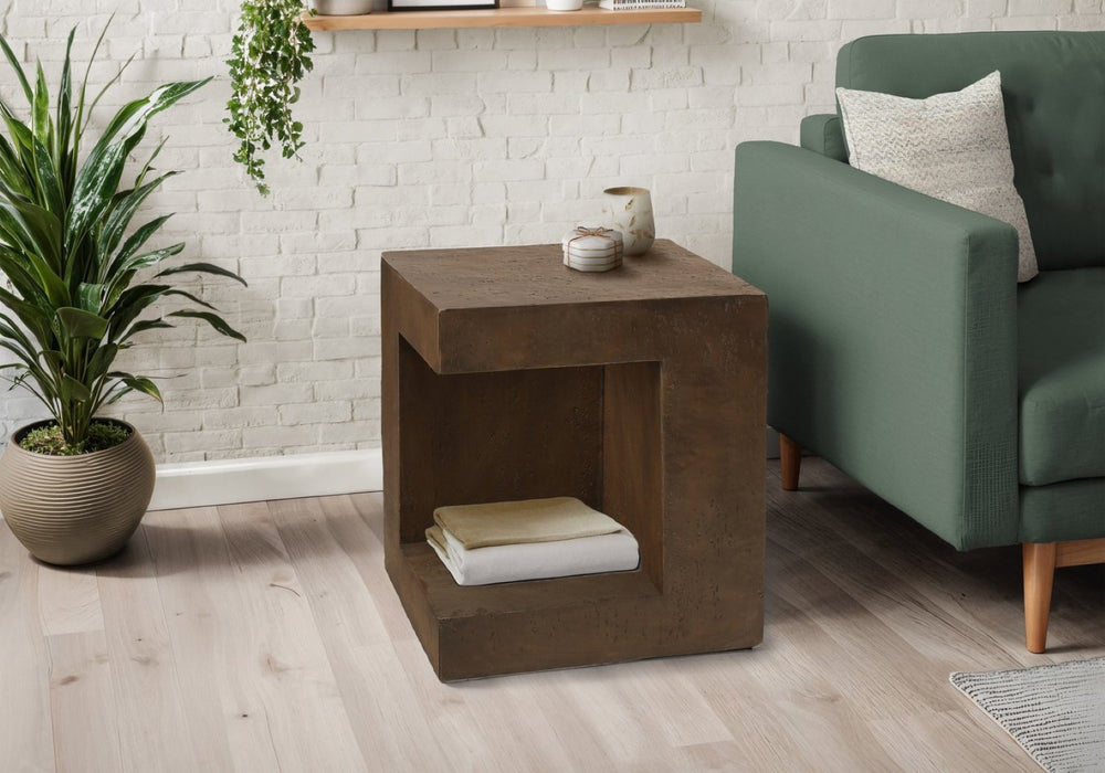 English Elm Accent Table Square Concrete-look Walnut Finish Open Shelf Modern Indoor Outdoor Side B2710P461690
