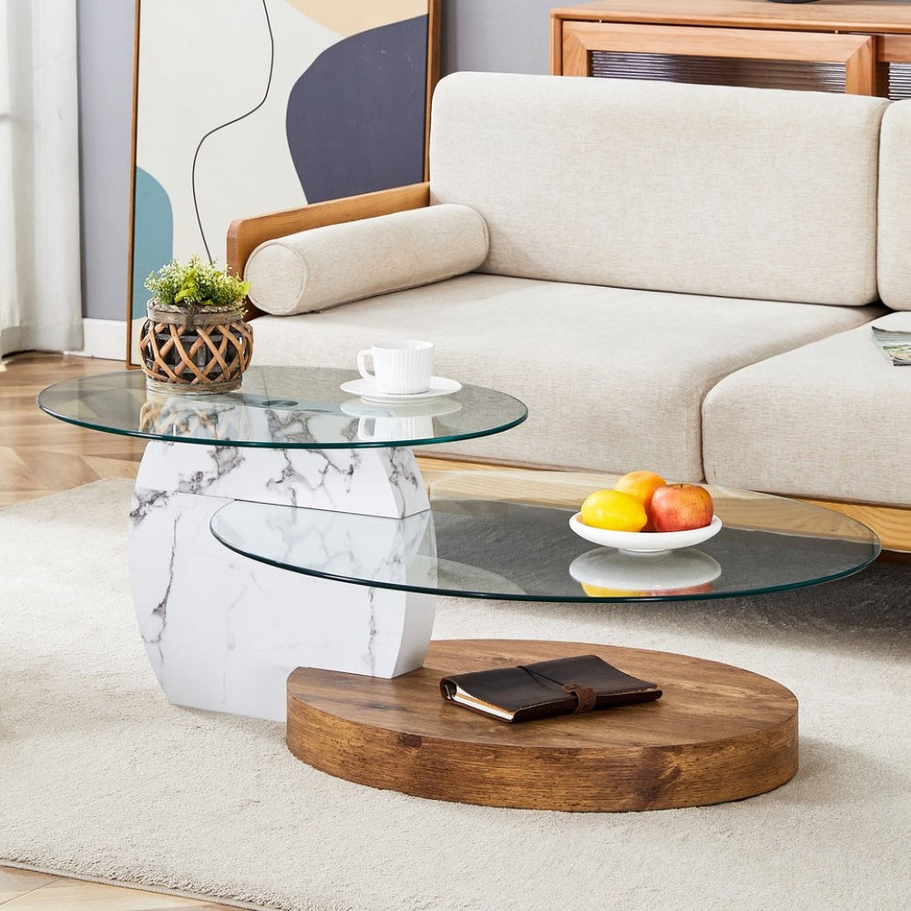 English Elm Contemporary Dual Tier Oval Glass Coffee Table with Marble and Wood Tone Base W1151P233589