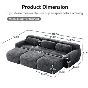 English Elm 3-seater Curved Modular Sectional Plush Upholstered Sofa with Linkable Ottoman for Living Rooms Dark Grey W714S01552