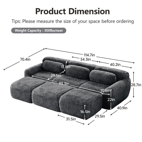 English Elm 3-seater Curved Modular Sectional Plush Upholstered Sofa with Linkable Ottoman for Living Rooms Dark Grey W714S01552