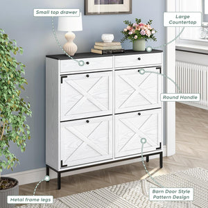 English Elm Large Shoe Cabinet with 4 Flip Drawers for Entryway — Space-Saving 32–40 Pair Organizer, Sleek Wash Finish Ameican White Oak W295P198931