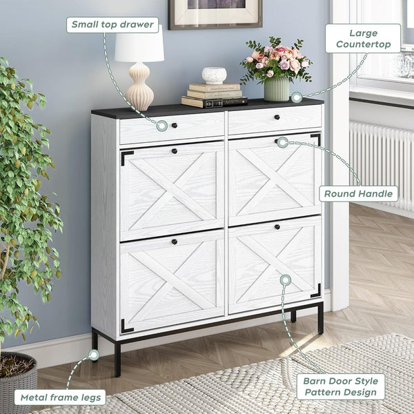English Elm Large Shoe Cabinet with 4 Flip Drawers for Entryway — Space-Saving 32–40 Pair Organizer, Sleek Wash Finish Ameican White Oak W295P198931